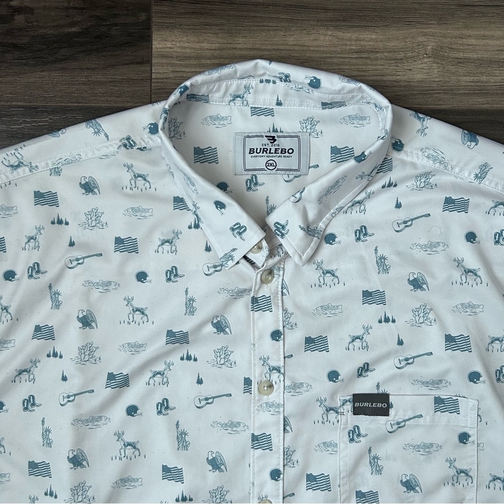 Burlebo Shirt Men’s 2XL White Blue Button Up Stretch American All Over Print - Picture 3 of 9